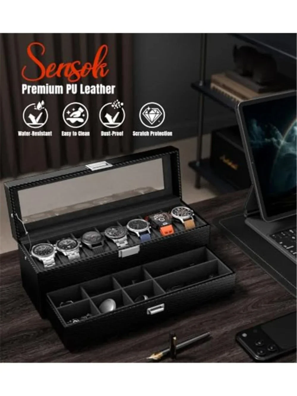 Watch Case Box for Men 7 SLots Watches Storage Organizer Real-Glass Display